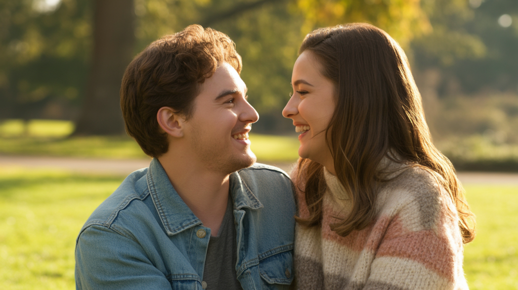 A happy young couple laughing together in a park, illustrating BioFormen dating advice for men