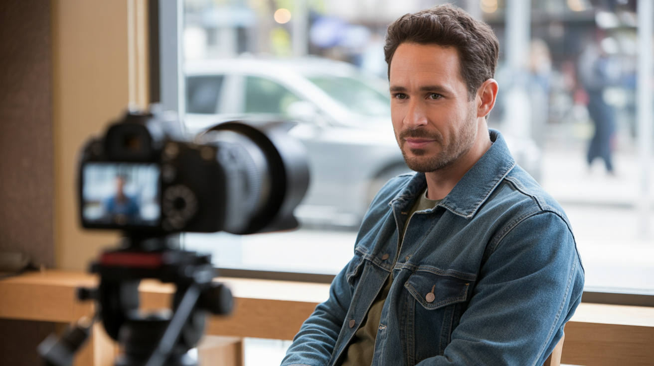A friendly approachable man in a denim jacket at a portrait photo session, illustrating Bumble Profile Tips for Men