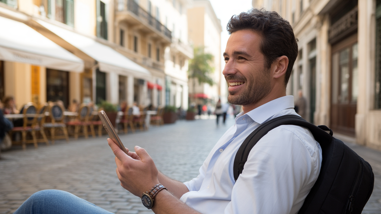 A charming man with a backpack using a dating app, illustrating Is Badoo a Good Dating App for Men