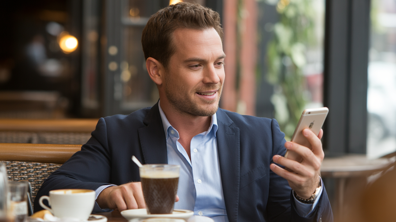 A sincere well-groomed man using a dating app, illustrating Is Coffee Meets Bagel a Good Dating App for Men