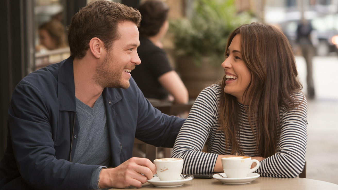 Two people connecting over coffee, illustrating Best The League Openers for Men